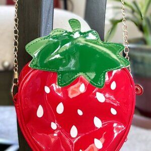 Spacious Kawaii Vinyl Red Strawberry Crossbody Handbag Bag Gold Chain Strap New